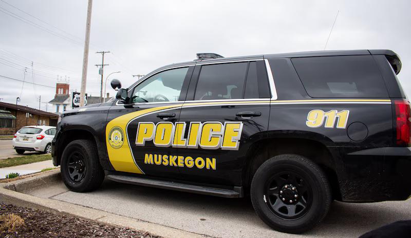 Muskegon police cruiser outside the main office on Jefferson Street